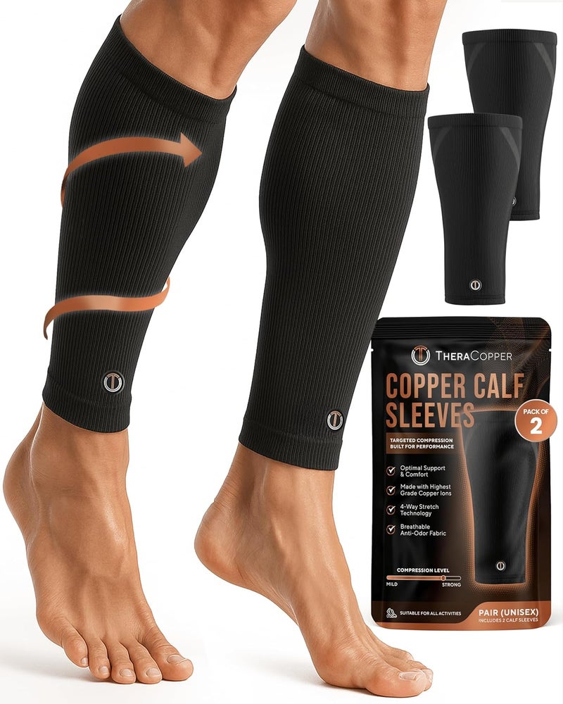TheraCopper Copper Calf Compression Sleeve — Premium Copper Compression Shin Sleeve for Men & Women — Breathable & Non-Slip Leg Sleeves for Runners, Shin Splints, Muscle Recovery & Leg Fatigue - Image 1